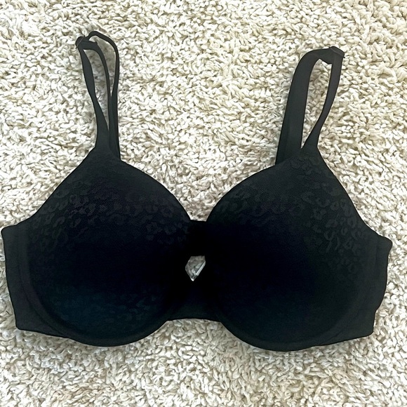 PINK VICTORIA SECRET T-SHIRT BLACK LACE BRA SIZE 36D EEUC - Picture 1 of 10